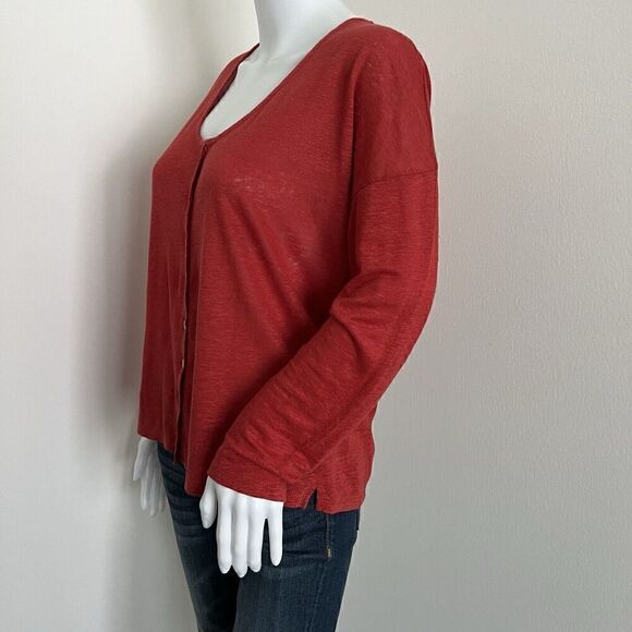 Wrap London Women's Blouse Size 4 S Red 100% Linen Scoop Neck Button - Picture 4 of 7